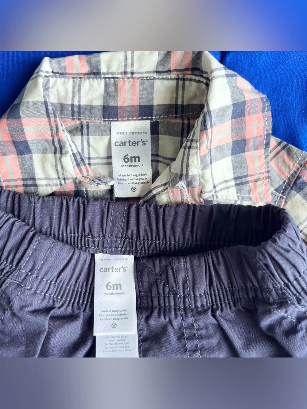 CARTER’S Baby Boy Pink Navy Blue Plaid Button Up Shirt Pants Outcit 6 Months